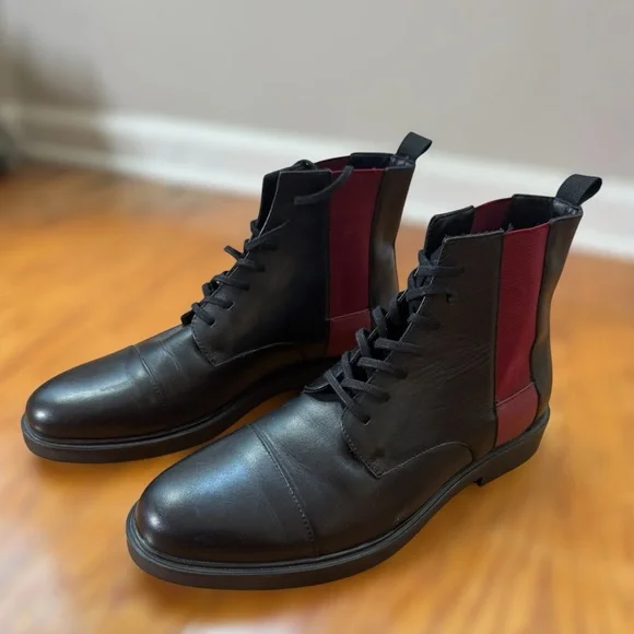 Calvin Klein Dameon Men’s Black Leather Lace-Up Boot with Red Side Panels 11.5 - Picture 2 of 10
